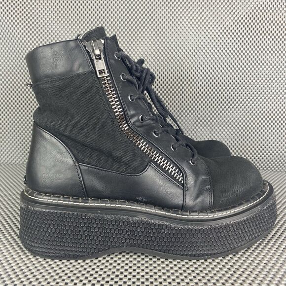 Demonia Emily 114 Platform Ankle Boots Womens 9 Black Canvas Vegan Leather - Picture 1 of 15
